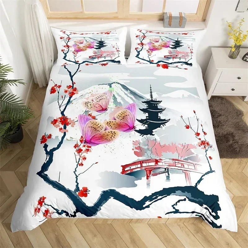 2026 Ink Painting Duvet Cover Japanese Style Mount Fuji Comforter Cover Red Cherry Blossoms Print Bedding Set For Adults Teens G
