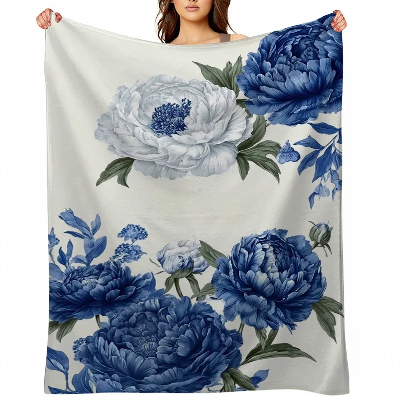 A Stylish And Cute Blanket Featuring Blue And White Porcelain Peonies, Perfect for a Nap, Office Use, Or As a Car Blanket. Ideal