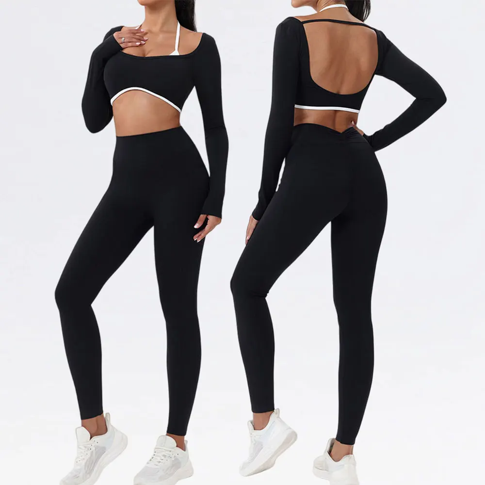 

Women Butt Lifting Sports Set Gym Exercise Clothes Women's Quick Drying Yoga Suit For Fitness Bra Crop Top Long Sleeve Yoga Suit