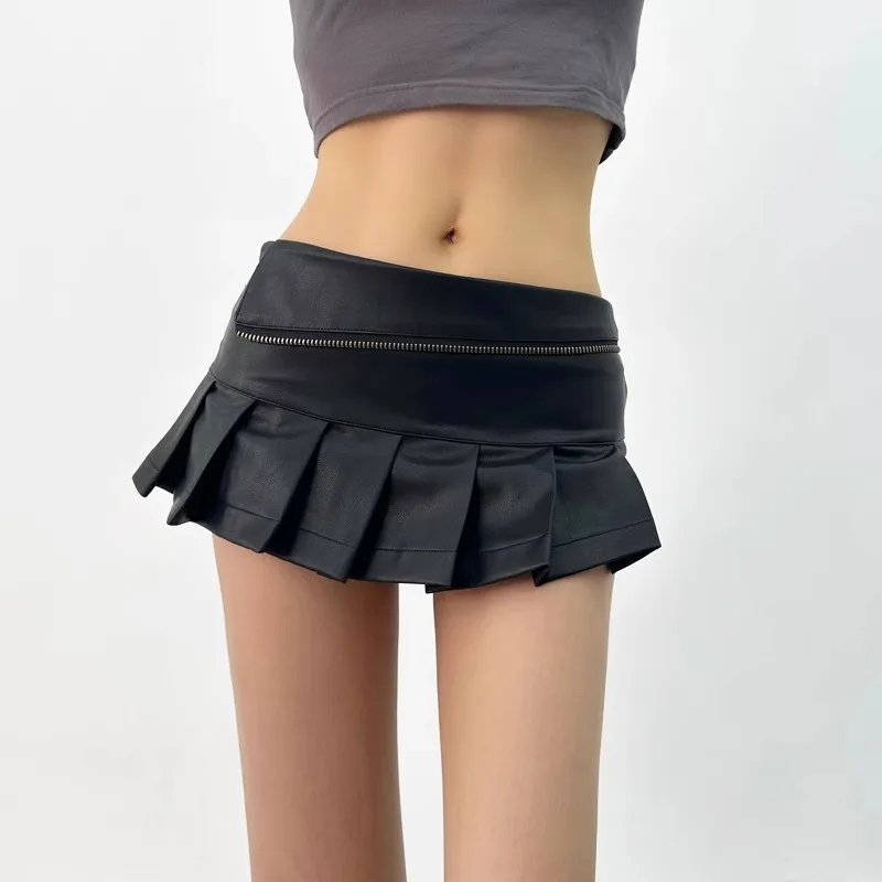 Y2K PU Leather Pleated Mini Skirt With Shorts Lining Women Sexy Zipper Summer Low Waist Short Coffee White Black