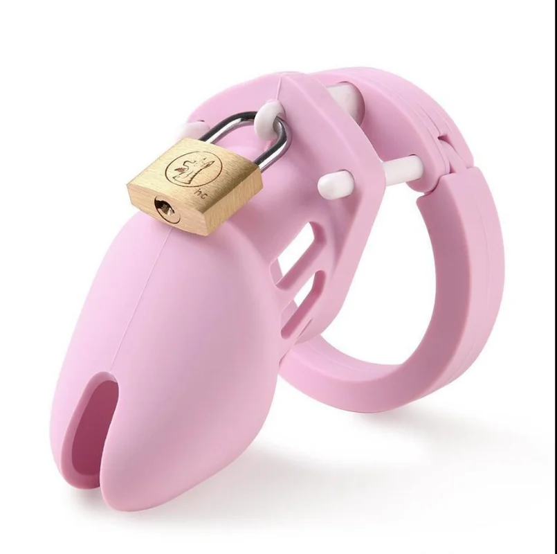 Pink Soft Silicone Male Chastity Cage Device Gimp Small/Large Lockable Ring Sex Toys with 5 Cock Ring Penis Sleeve for Men BDSM