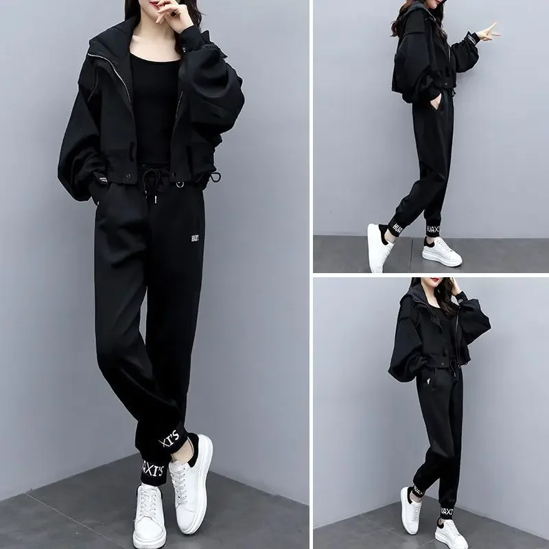 Spring Autumn Women's Tracksuit Sporty Style Patchwork Hooded Jacket Pants 2 Piece Set Lady Casual Letter Coat Trousers Outfits
