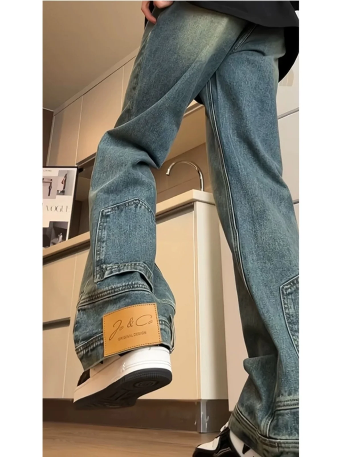 

Light Blue Reversed Denim Jeans Men's Straight Leg Floor-Length Pants High Street American Style Youth Fashion Resistant Wear