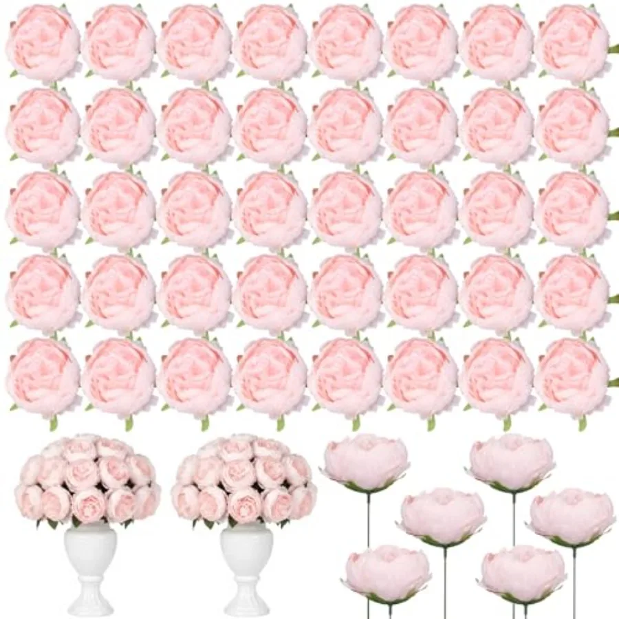 

50 Pcs Artificial Peony Flower Bulk 3.5 Inch Silk Peony Flowers Heads with Stems Realistic Fake Roses for DIY Wedding Craft Bri