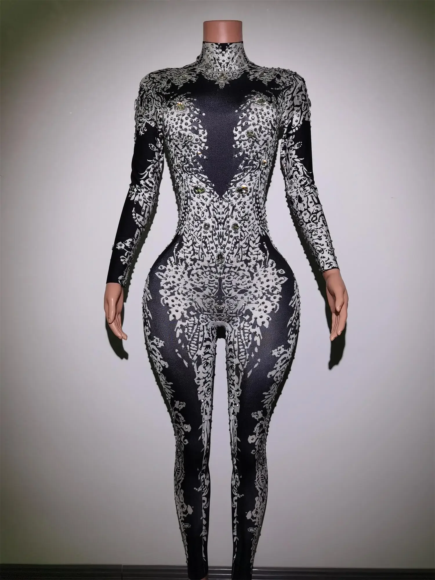 

Fashion Long Sleeve Crystals Rhinestone Exotic Dance Leotard Night Club Party Rompers Women Stage Bodysuit One Piece Jumpsuits