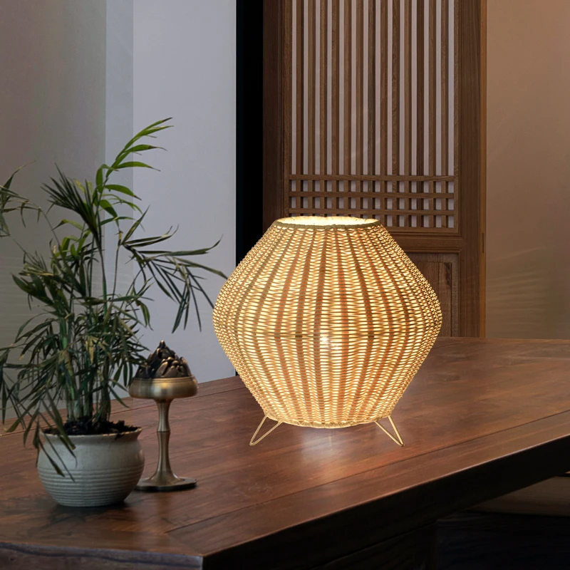 Creative bedside table lamp Bedroom counter Tea table New Chinese Zen desktop rattan art lamp