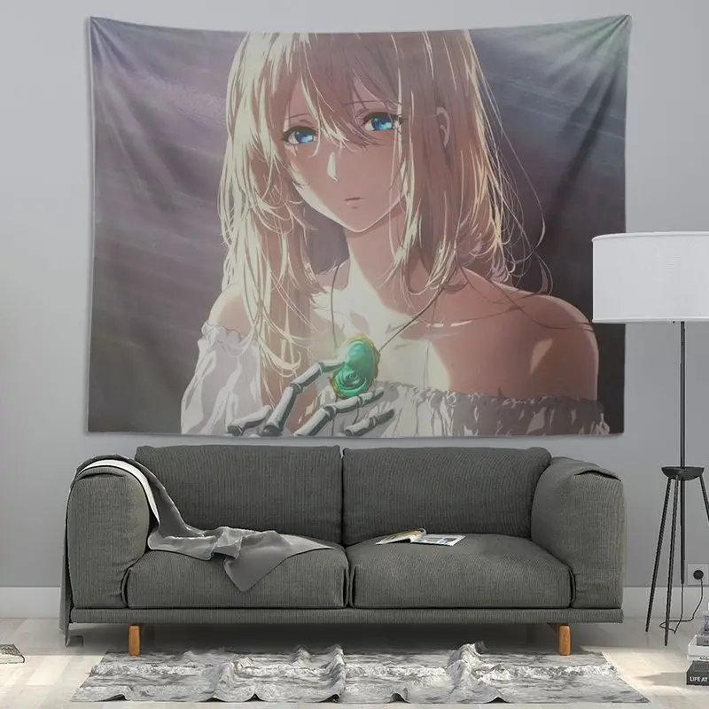 VIKAMA Cute Anime Girl Violet Evergarden Tapestry Wall Hanging Soft Fabric Aesthetic Dorm Bedroom Home Decor Polyester Cloth