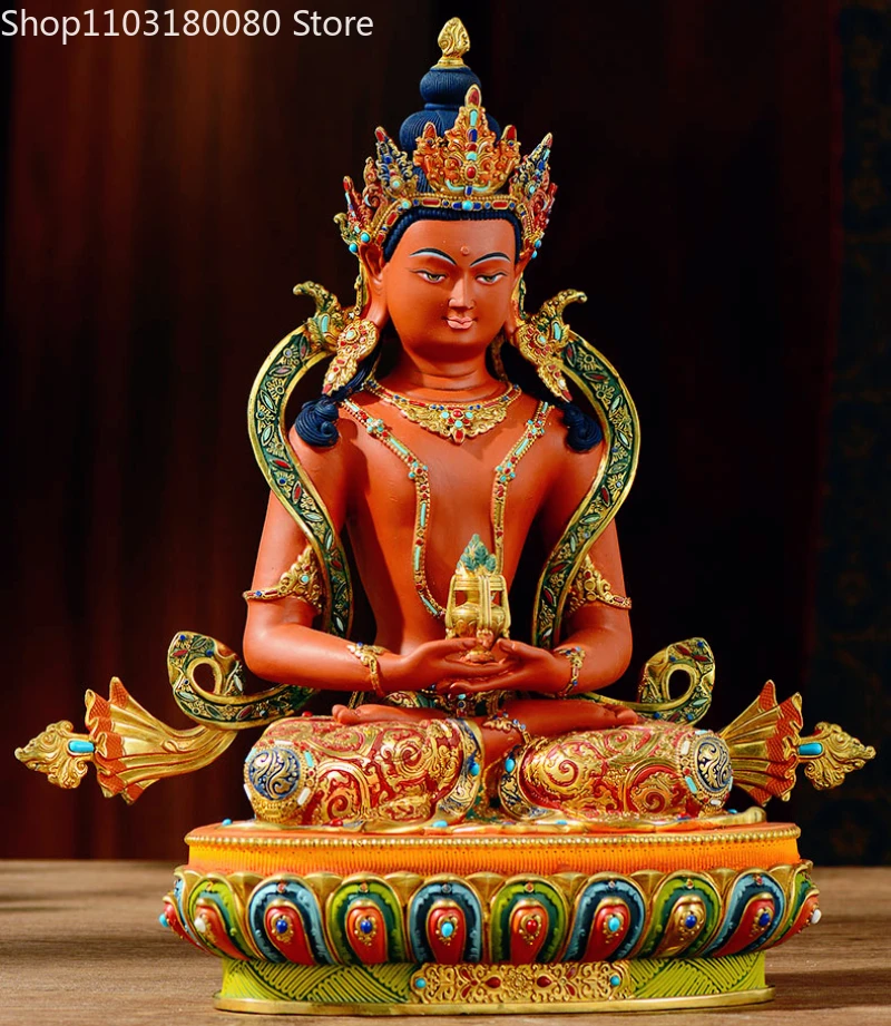 Copper Painting Amitayus Buddha statue Nepal Tibet longevity god sculpture Large size,32cm