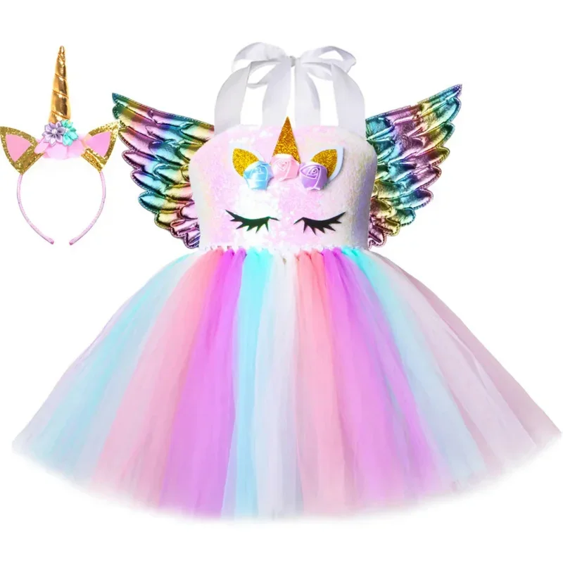 

Sequin Children's Unicorn Dress Set Girls' Gauze Princess Skirt Holiday Party Dress Halloween Cosplay Dress with Wings