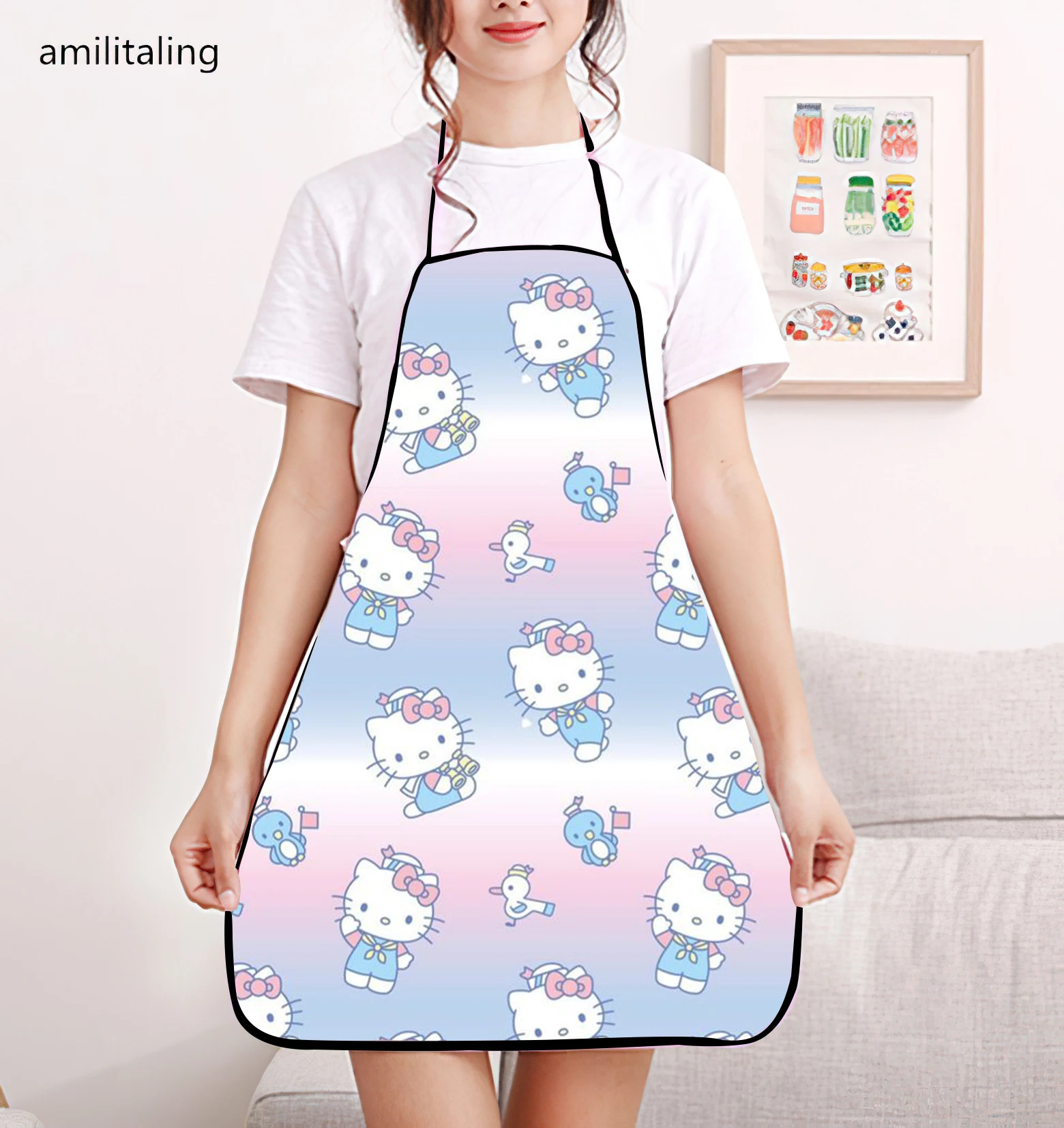 HelloKitty Cute Kuromi Print Bib Apron - Adjustable One Size Design, Waterproof and Durable Polyester Material, Non-Stretch Fabr