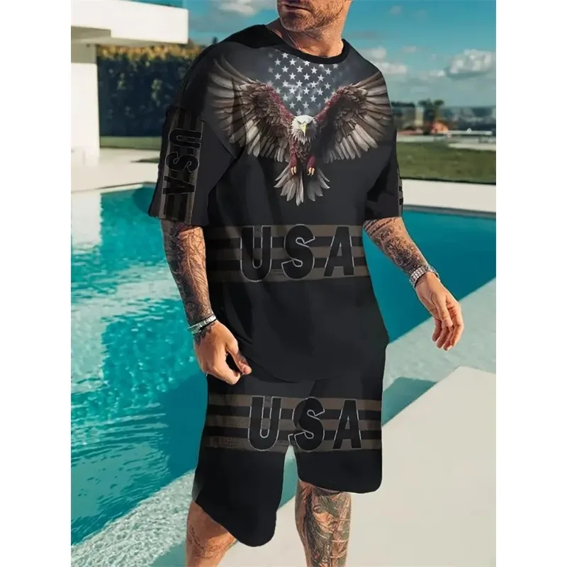 2025 New Summer Men's Casual Outdoor Street Sportswear: Black and White Tiger-Striped 3D Pattern Fashion Animal Print Set