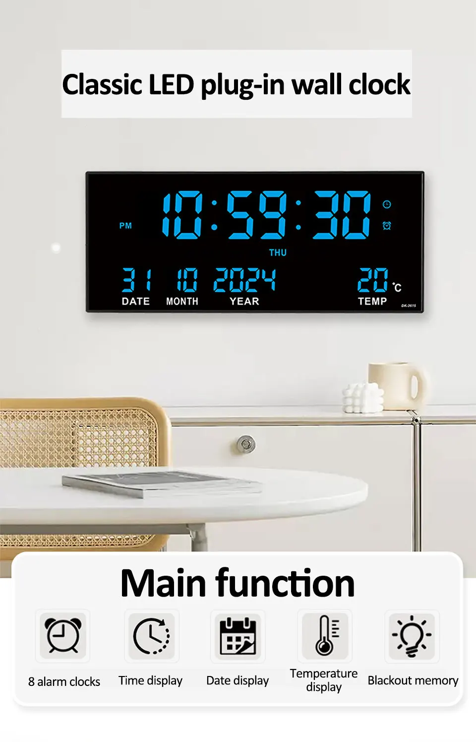 Digitale große Wanduhr, Alarm, Temperatur, Datum, Kalender, Anzeige, 8 Sätze Wecker, 35,6 cm, elektronische LED-Uhr, einsteckbar – Detail 1
