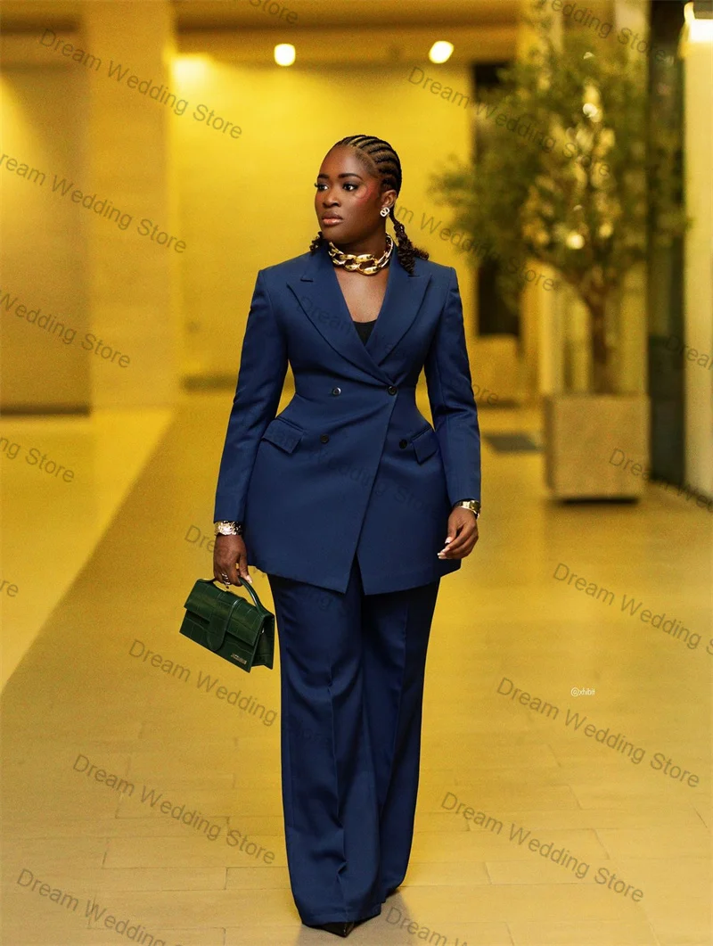 

Blue Women Suit Set 2 Pcs Cotton Blazer Pants Trousers Fall Autumn Formal Office Lady Jacket Customized Wedding Prom Coat