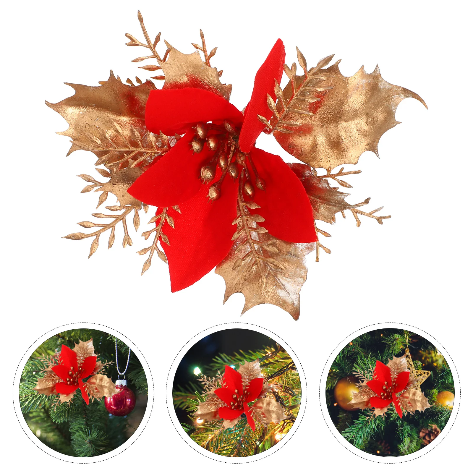 

6 Pcs Christmas Decoration Artificial Red Flowers Poinsettia with Clips Ornaments Tree Decorative Head