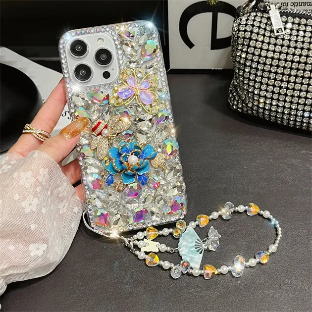 Capa protetora Diamond Flower para iPhone, Bee e Peony Design, luxuoso, 16, 12, 13, 14, 15 Plus Pro Max