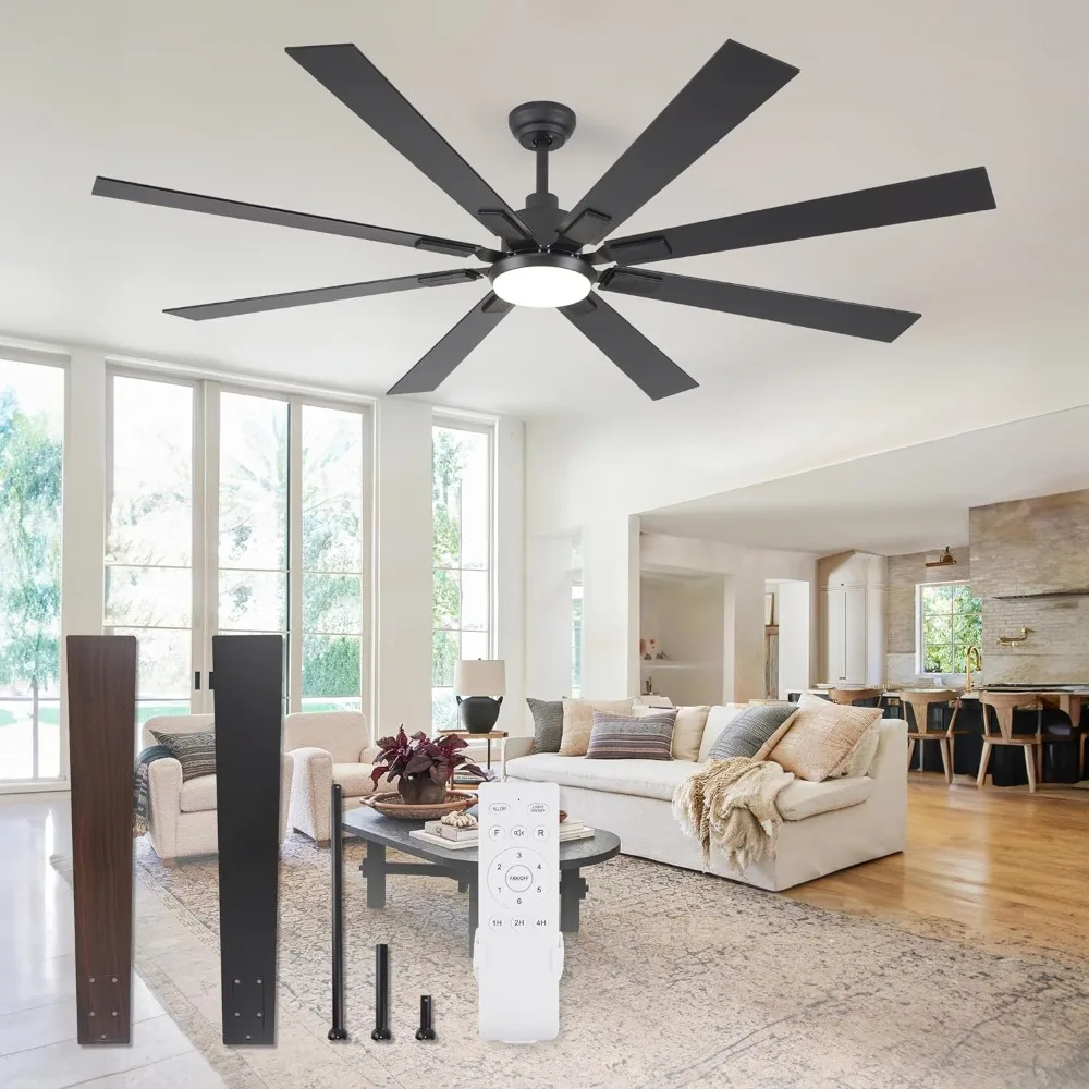 

72 Inch Large Ceiling Fans with Lights and Remote, Indoor/Outdoor Black Modern Ceiling Fan for Kitchen Living Room Patio