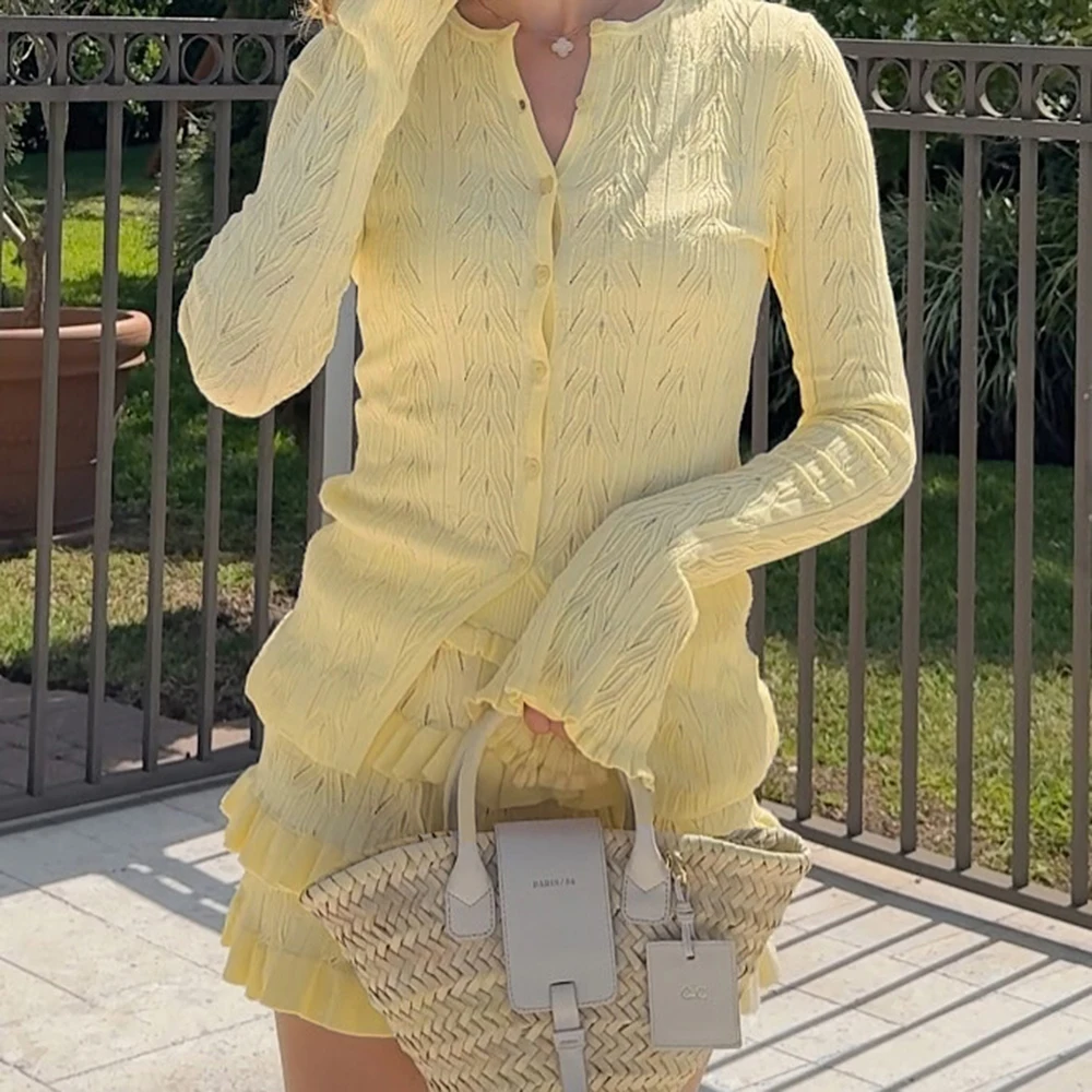 Tuularose ニットカーディガンツーピースセクシーエレガントカジュアルハイストリートフリルショーツセット無地通気性長袖トップセット