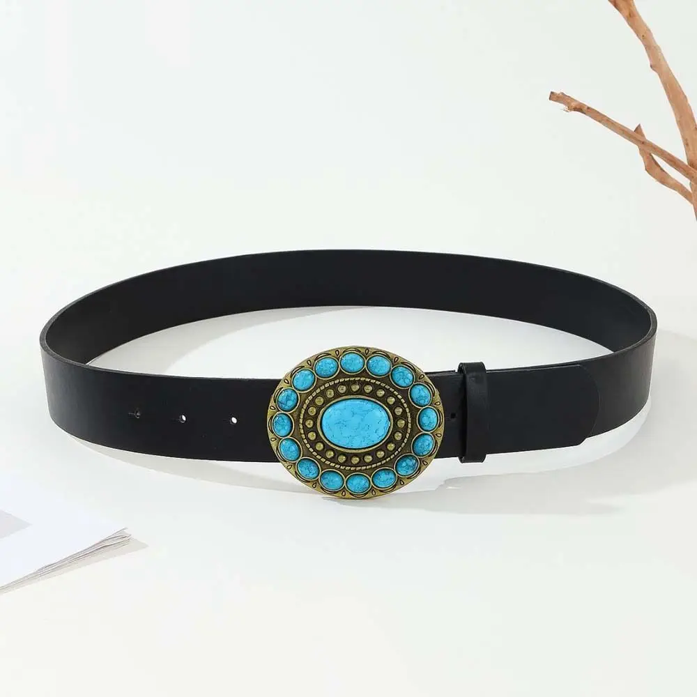 Metal Buckle PU Leather Belt Ethnic style Blue Stone Korean Style Waistband All-match Beaded Wide Side Waist Belt Ladies/Girls