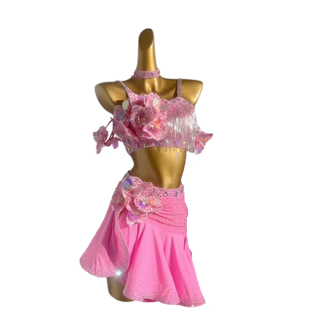 

Латинская танцовщица для взрослых и детей, элитное индивидуальное платье с розовым цветком, танго, самба, AB, платье для выступлений с камнями