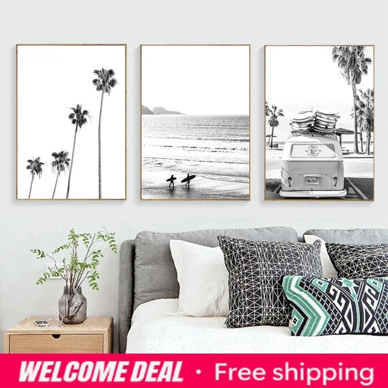 Beach Tropical Landscape Posters Prints Palm Beach Surf Wall Art Canvas Painting Black and White Photography Pictures Home De