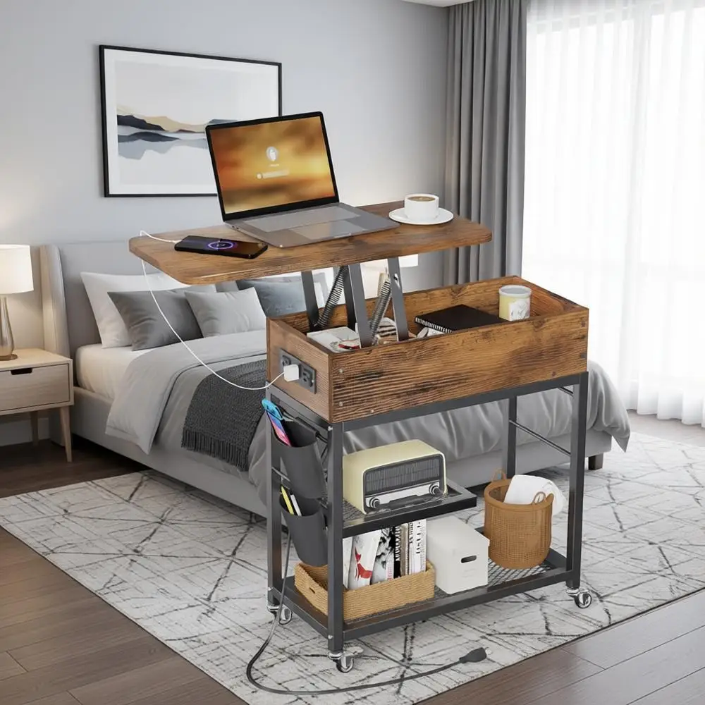 

Portable Charging Station End Table with Wheels, USB & AC Outlet Side Table, Adjustable Rolling Nightstand, Rustic Wood Living R