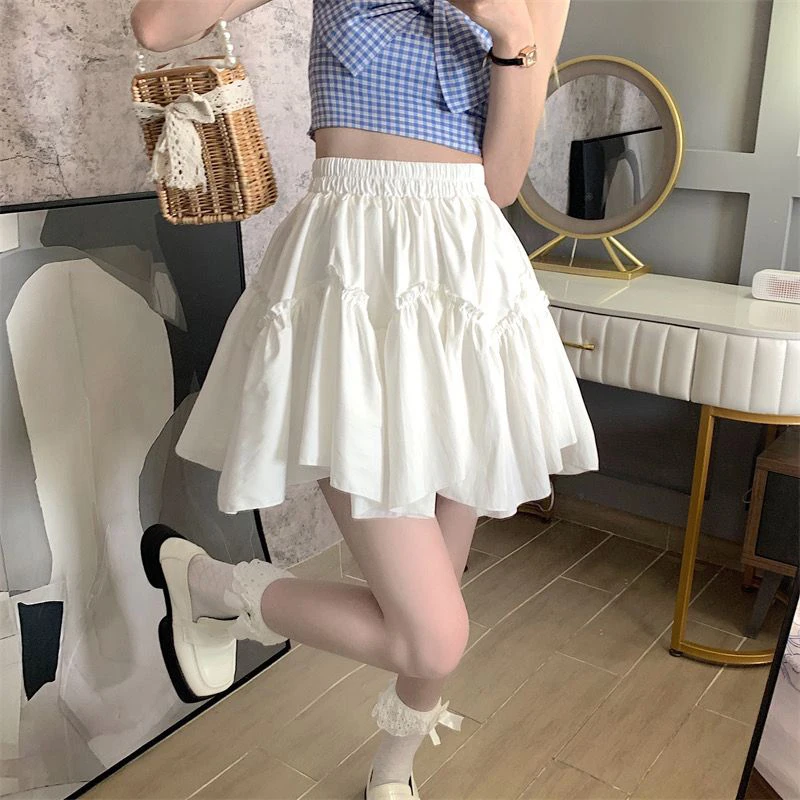 Kawaii Mini Skirts Women Solid Fungus Patchwork High Waist Sweet Cute Pleated Skirt Y2K Retro Goth Lolita Preppy Lovely Skirt