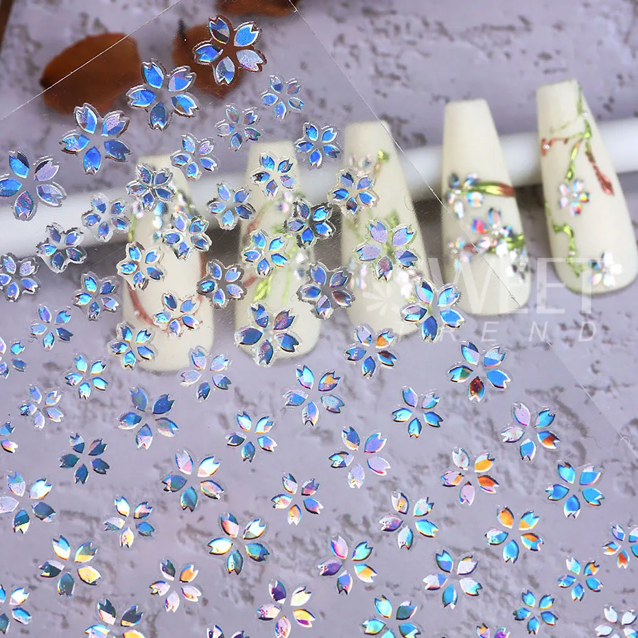 3d Laser Sakura Bloem Nail Art Sticker Holografische Folies Goud Wit Bloemen Stickers Zelfklevende Schuifregelaars Kersenbloesem Manicure Diy