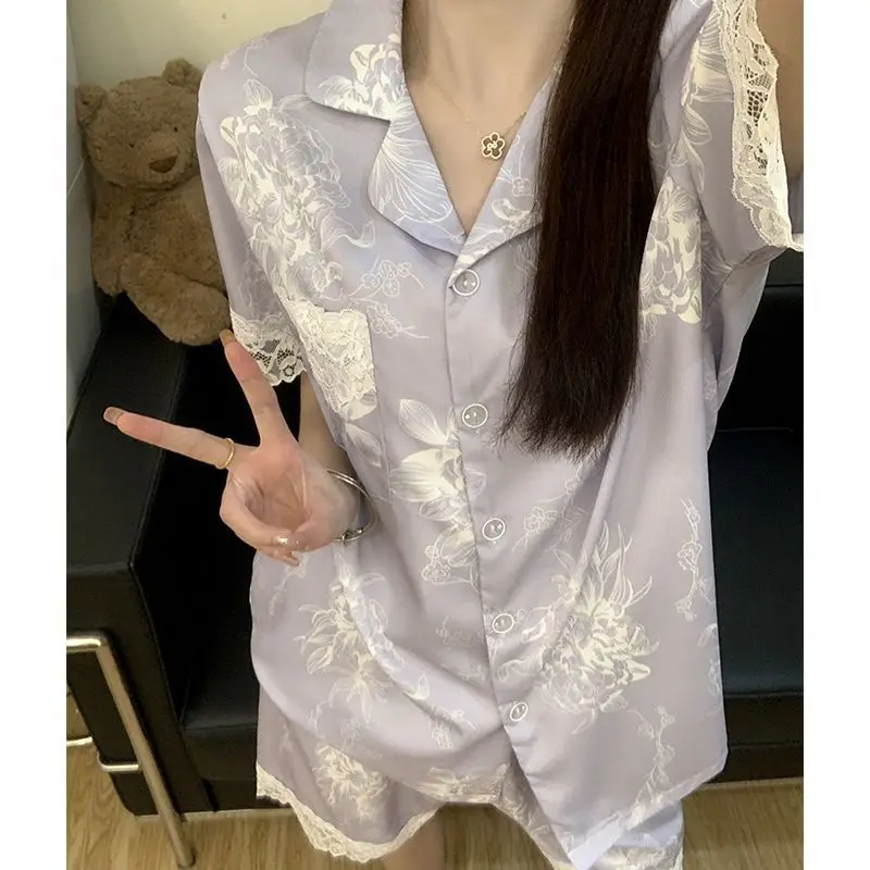 بيجامة نسائية مكونة من قطعتين ملابس نوم من الساتان المرقعة بالدانتيل بدلة نوم نسائية مثيرة بدون أكمام شورت علوي ملابس نوم للاستلقاء