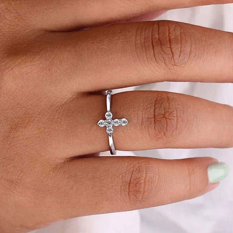 CAOSHI Dainty Cross Shape Finger Ring Female Daily Wearable Jewelry with Bright Zirconia Fashion Silver Color Accessories Gift