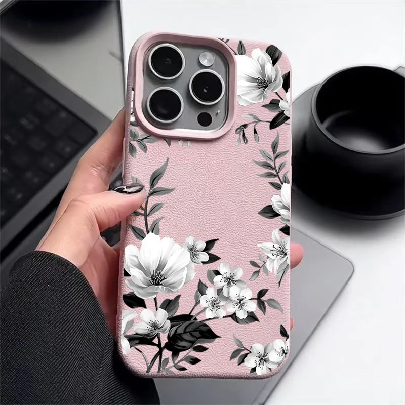 White Flowers Pattern  Luxury Leather Texture Silicone Case For IPhone 16 Pro Max 11 12 13 14 15 Pro Max Soft Phone Cover Fundas