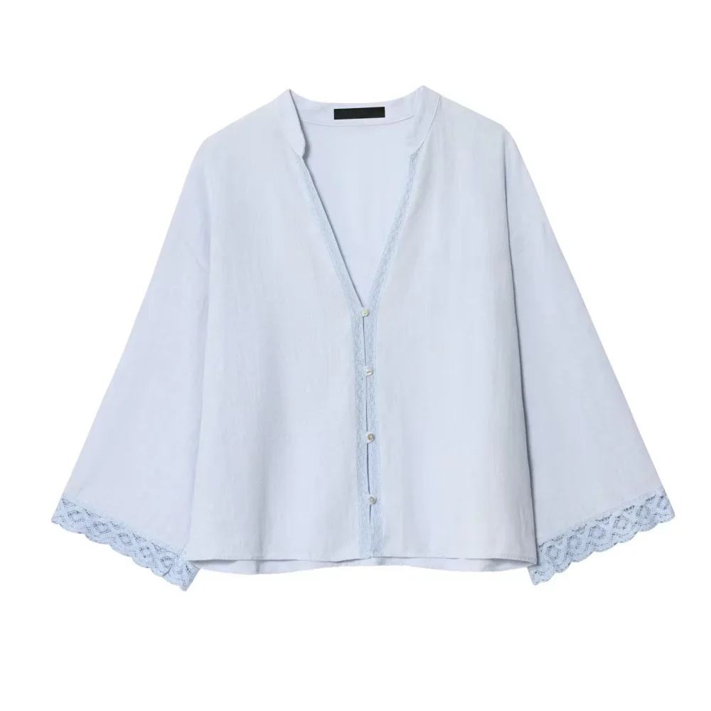 

2025 New Women's Seam Loose Top V-neck Long Sleeve Lace Edge Button Spring/Summer New Casual Shirt
