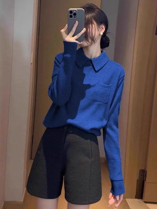 

Klein Blue Long Sve Ne Knitted Sweater Women's Spring Base Layer Top Loose Fit Comfortable Daily Wear Inner irt