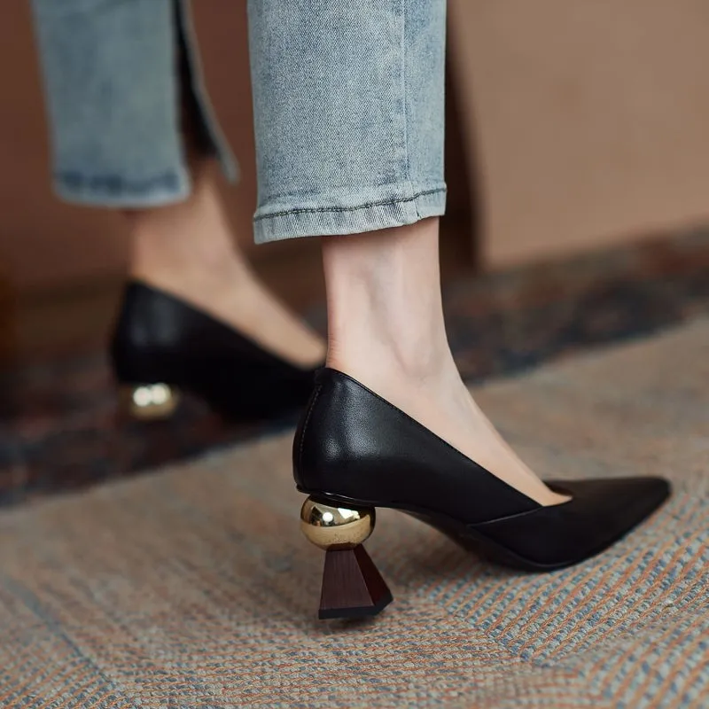 Handmade Leather Women Pumps Sexy Pointed Toe Chic Stylish Office Working Shoes Strange High Heel Stilettos Black Dress Shoes