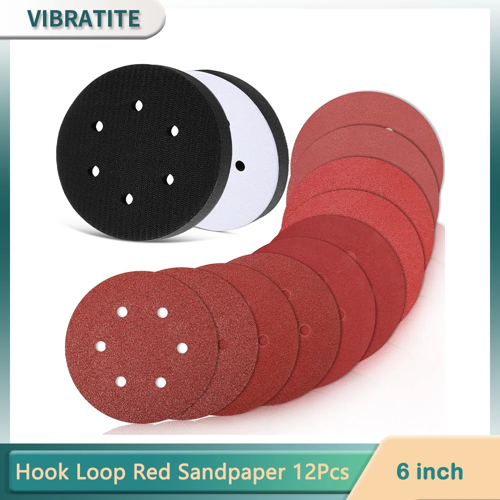 

Набор красной наждачной бумаги 6 дюймов, 150 мм, 6 отверстий, 12 шт., оксид алюминия на липучке с интерфейсной подушкой 10 мм для шлифовки дерева, металла