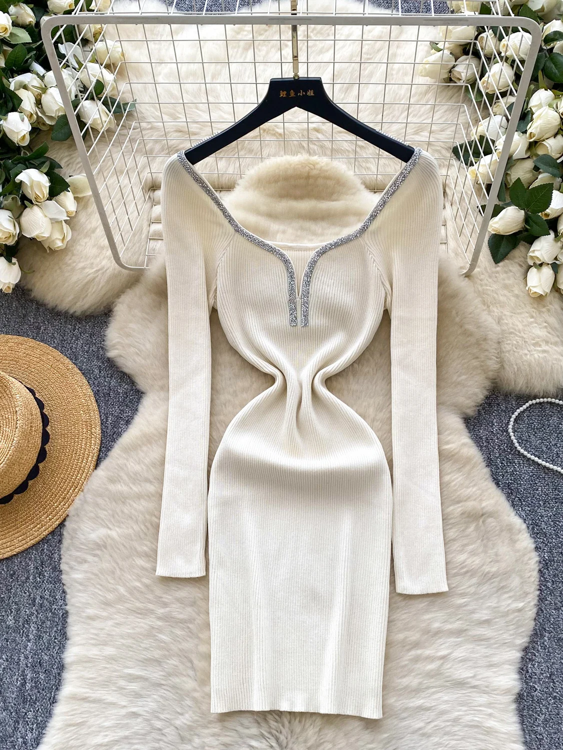 Ele gestrickter langer Sve Dr mit schwerer Verzierung, figurbetonter Rock mit hoher Taille und quadratischem Kragen für Damen, Faion Ci Commuting