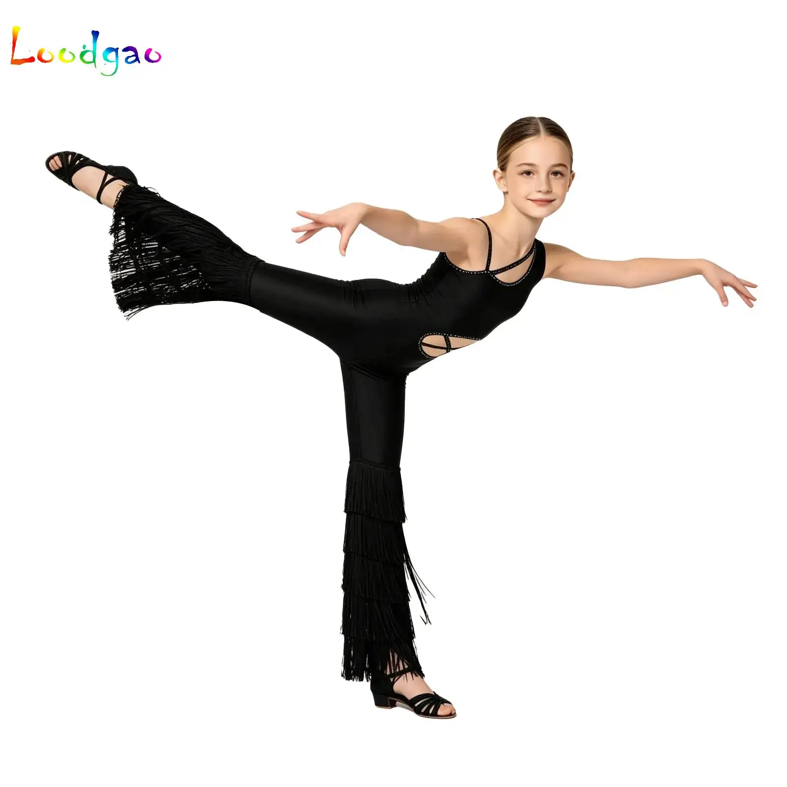 Girls Latin Cha-cha Tango Samba Rumba Ballroom Dance Performance Costume Sleeveless Rhinestone Cutout Tassel Bodysuit Jumpsuit