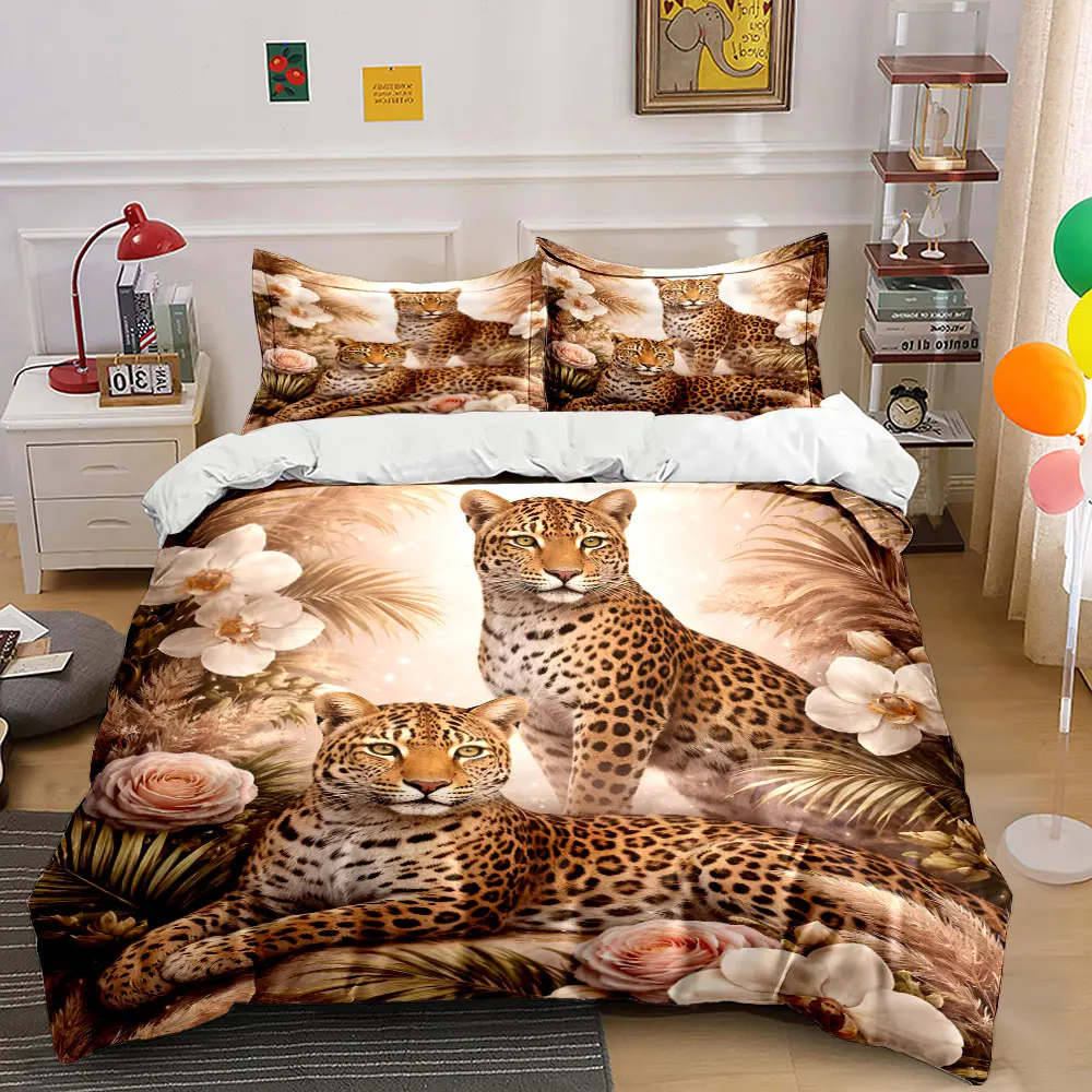 Elegant Leopards with Floral Backdrop Printed Duvet Cover Set 1 Duvet Cover+2 Pillowcase Multi Size Bedroom Bedding Decoration