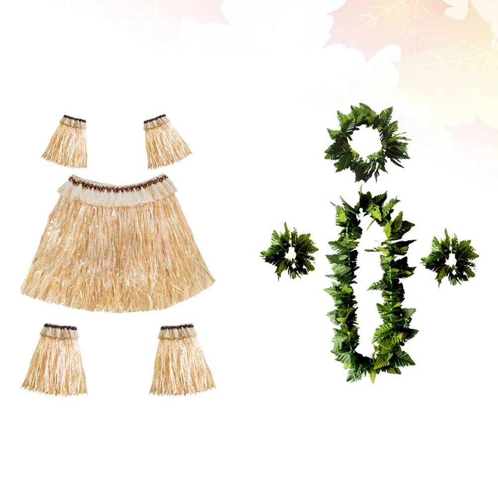 9 قطعة هاواي الاستوائية حولا تنورة مجموعة ورقة جارلاند معصمه الذراع قدم الأكمام مطاطا حزام ملابس رقص الحفلات #6