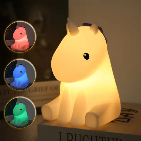 유니콘 귀여운 실리콘 LED 밤 빛 어린이위한 어린이 USB 충전식 만화 동물 침실 장식 터치 밤 램프 선물