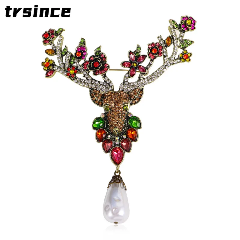 Antique Heavy Industry Deer Head Brooch Exaggerated Oversized Rhinestone Elk Brooch Coat High-end Pendant Accessories Corsage