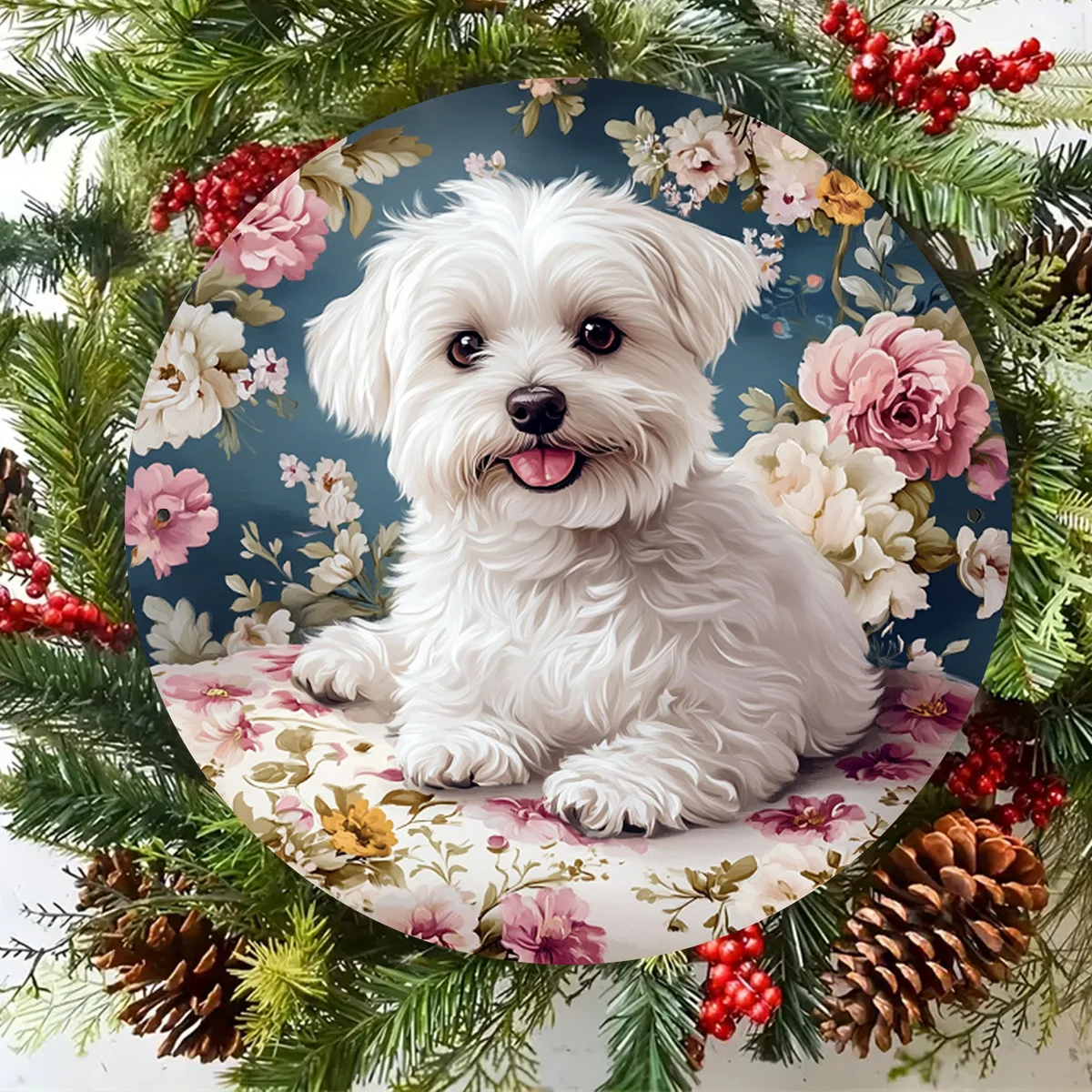 2D Flat, 1pc Vintage Maltese Dog Metal Wall Sign - Round Suitable for Room, Garden, Farmhouse Decor with Cute Maltese Puppy - Al