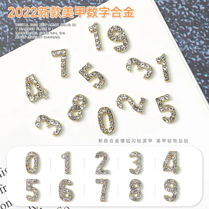 10PCS 3D Glitter Full Diamonds Inlaid Number 0 to 9 Alloy Nail Art Rhinestones Jewelry Decorations Manicure Phone Case Charms