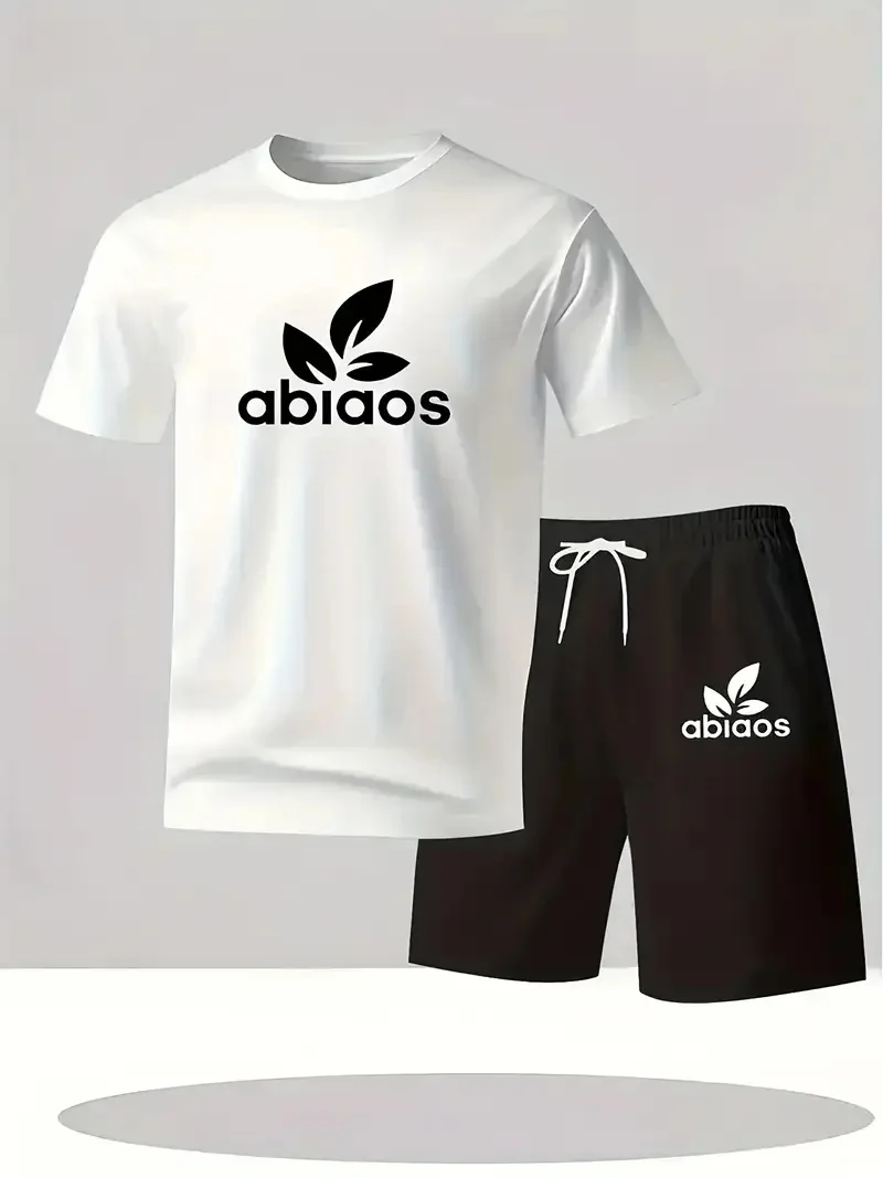 

2025 men's casual short sleeved shorts set, 2-piece set, breathable, round neck, fashionable outdoor, clover print