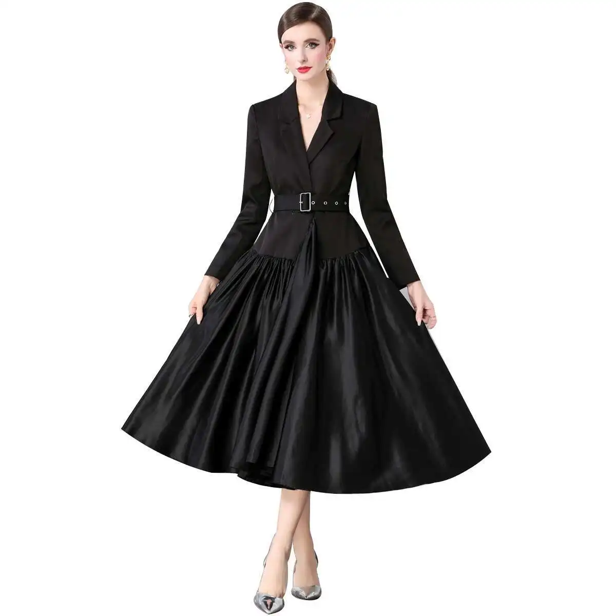 2025, Herbst/Winter, neuer französischer Anzugkragen, schwarze Ärmel, gespleißter Taillengürtel und knielanges langes Kleid