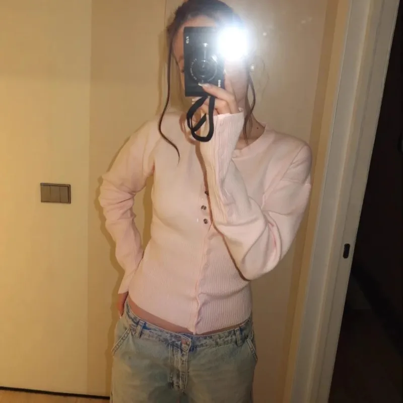 

Повседневное элегантное корейское уличное пальто на пуговицах, розовое милое однобортное женское пальто-кардиган с круглым вырезом и длинными рукавами, вязаный свитер