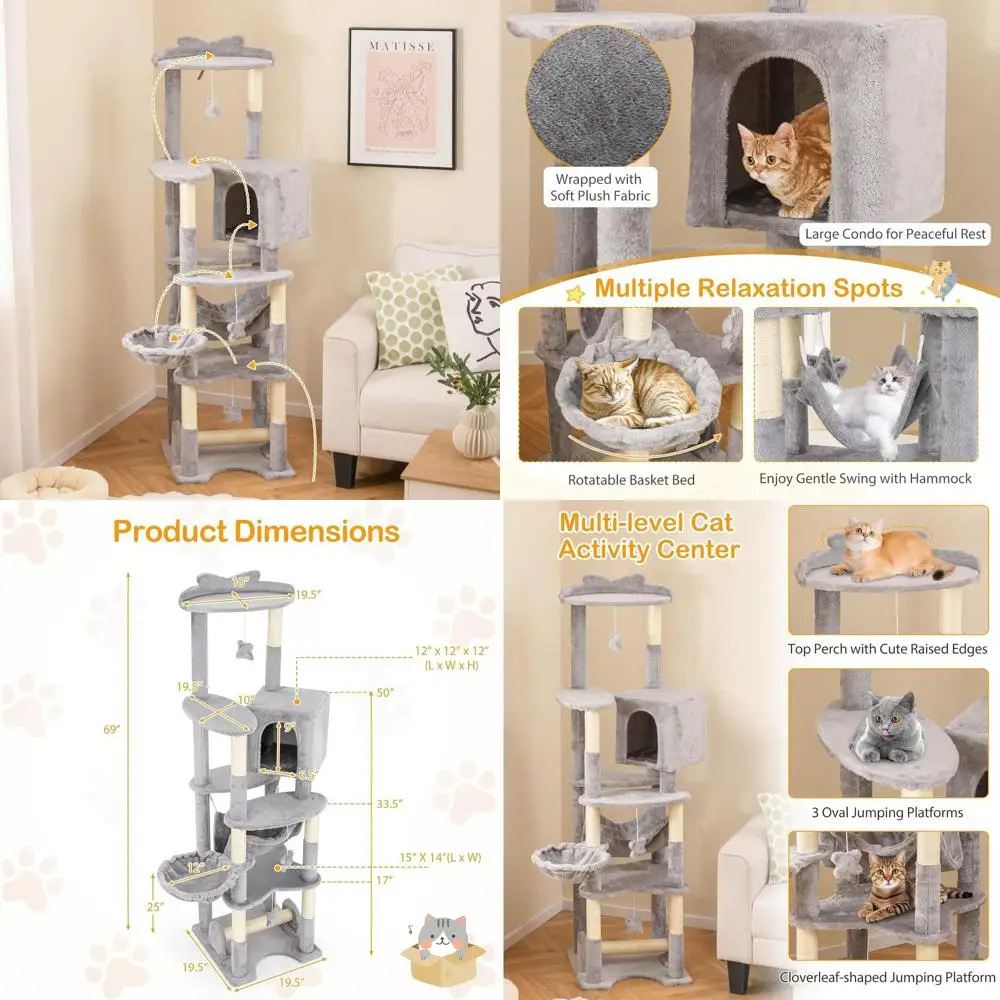

69 High Multi-Level Grey Cat Tower with Sisal Posts, Condo, Beds, Hammock, and Toys for Indoor Cats