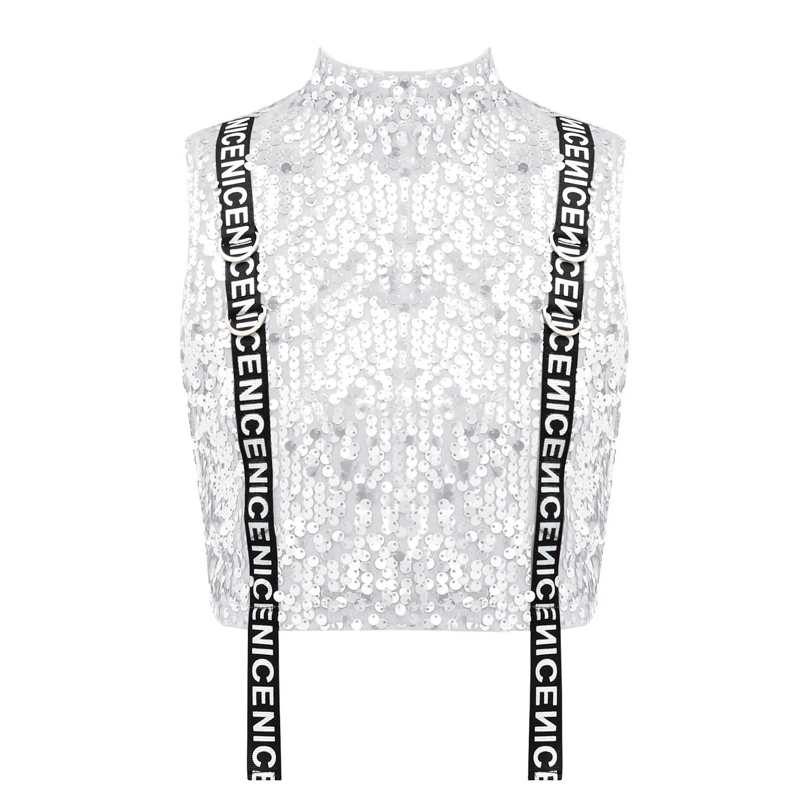 

Girls Sparkly Sequin Crop Top Modern Jazz Hip Hop Street Dance Performance Competition Costume Sleeveless Fashion Tank Top Vest