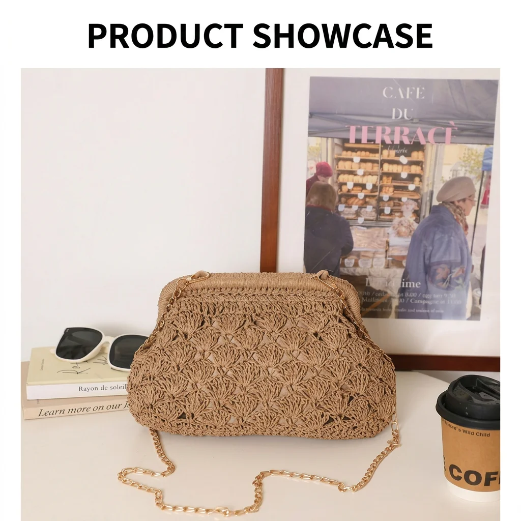 

Beach Shoulder Purse Soft Straw Crossbody Bag Woven Clip-Top Bag Elegant Pure Color Woven Bag For Beach Vacation Casual Outings