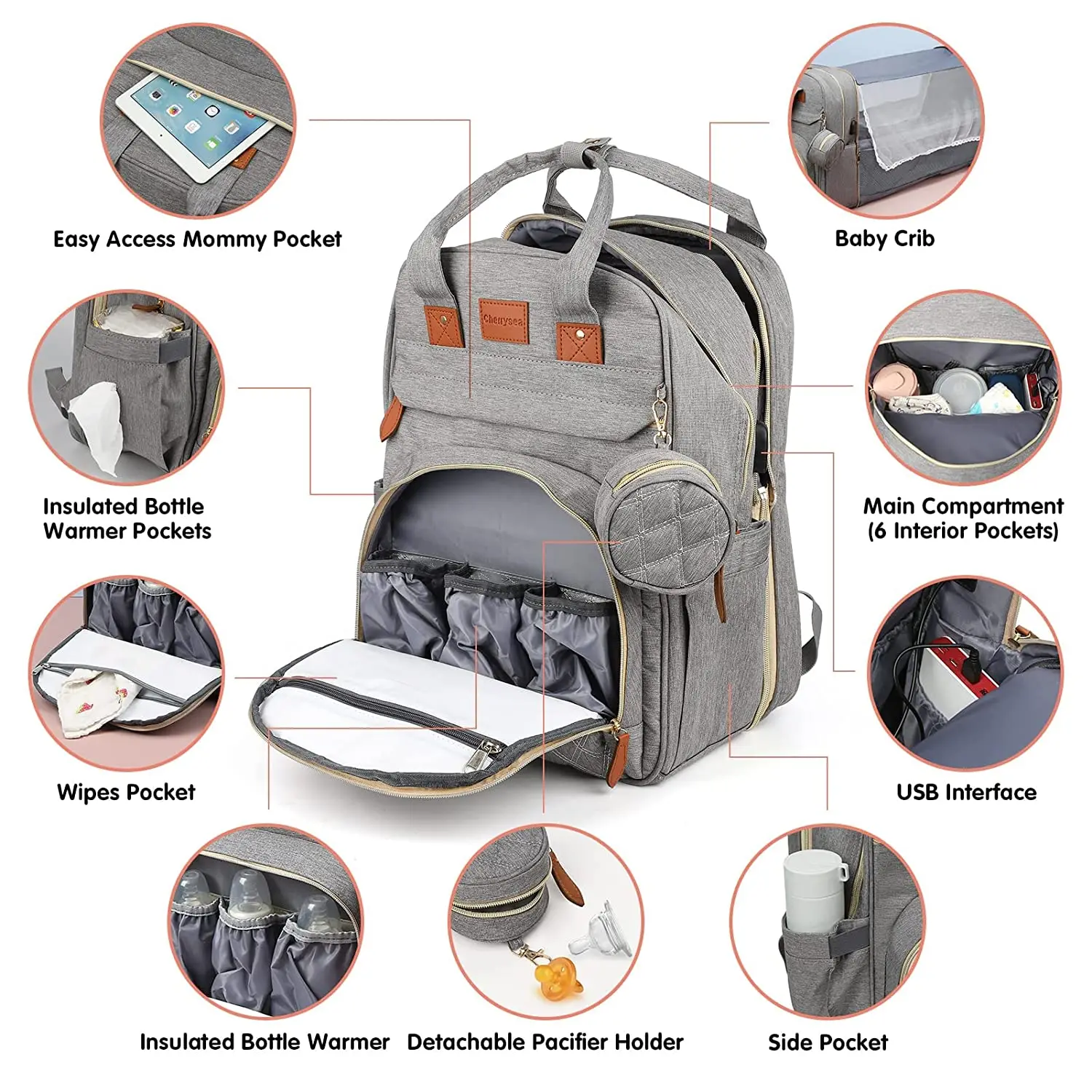 Diapers Bags Mommy Baby Backpack Bed Waterproof Travel Bag Changing Pad Shade Mosquito Net USB Charging Sac A Langer Bébé