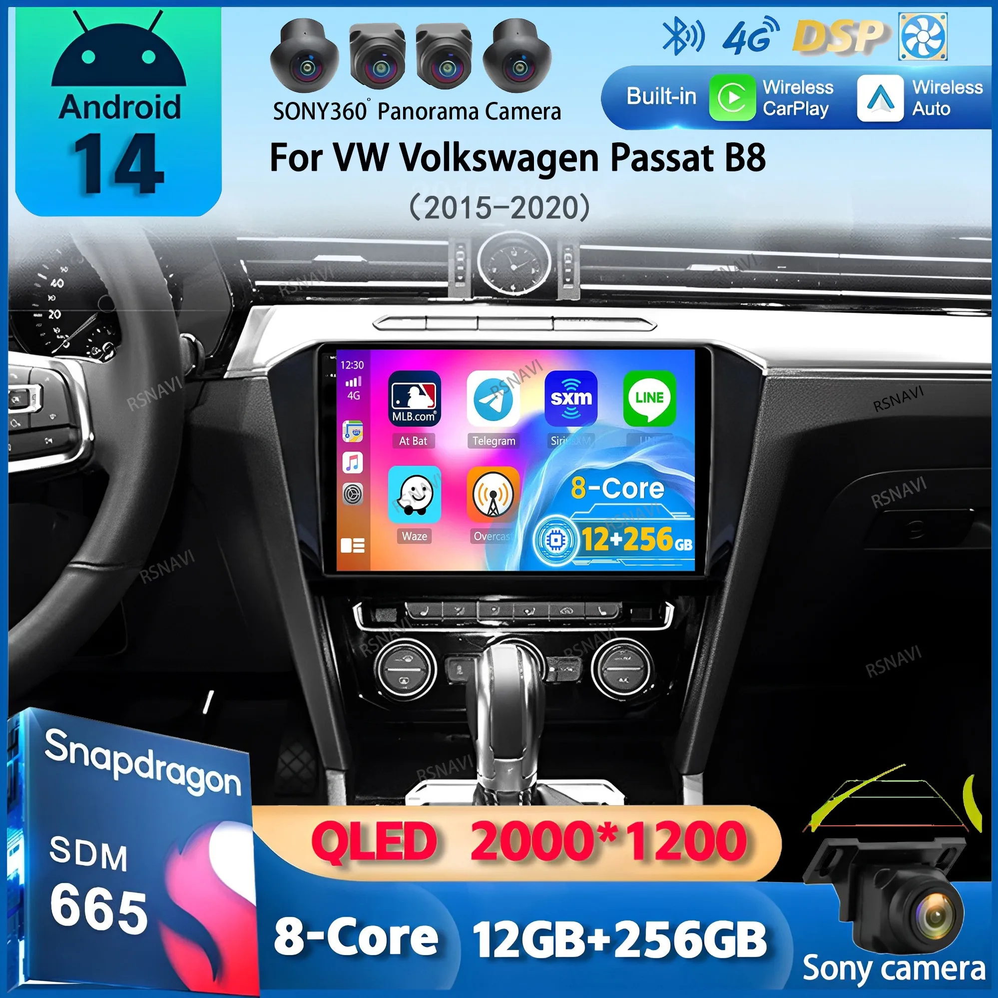 Autoradio Android 14 pour Volkswagen Passat B8 2015 2016-2020, Navigation GPS, Lecteur Stéréo, WiFi + 4G, Carplay, BT, DSP